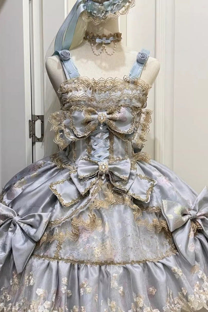 Sweet Lolita JSK - Ruffled Foil-stamped Embroidered, 4 Colors, Lace Trim, Bow Detail - S Blue / M Blue / L Blue option