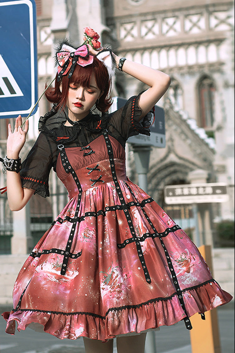 Sweet Lolita JSK - Ruffled Strawberry Print, Red, Printed - Kawaii Layering Dress - additional product view 2