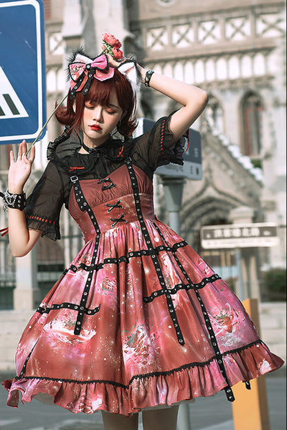 Sweet Lolita JSK - Ruffled Strawberry Print, Red, Printed - Kawaii Layering Dress - additional product view 2