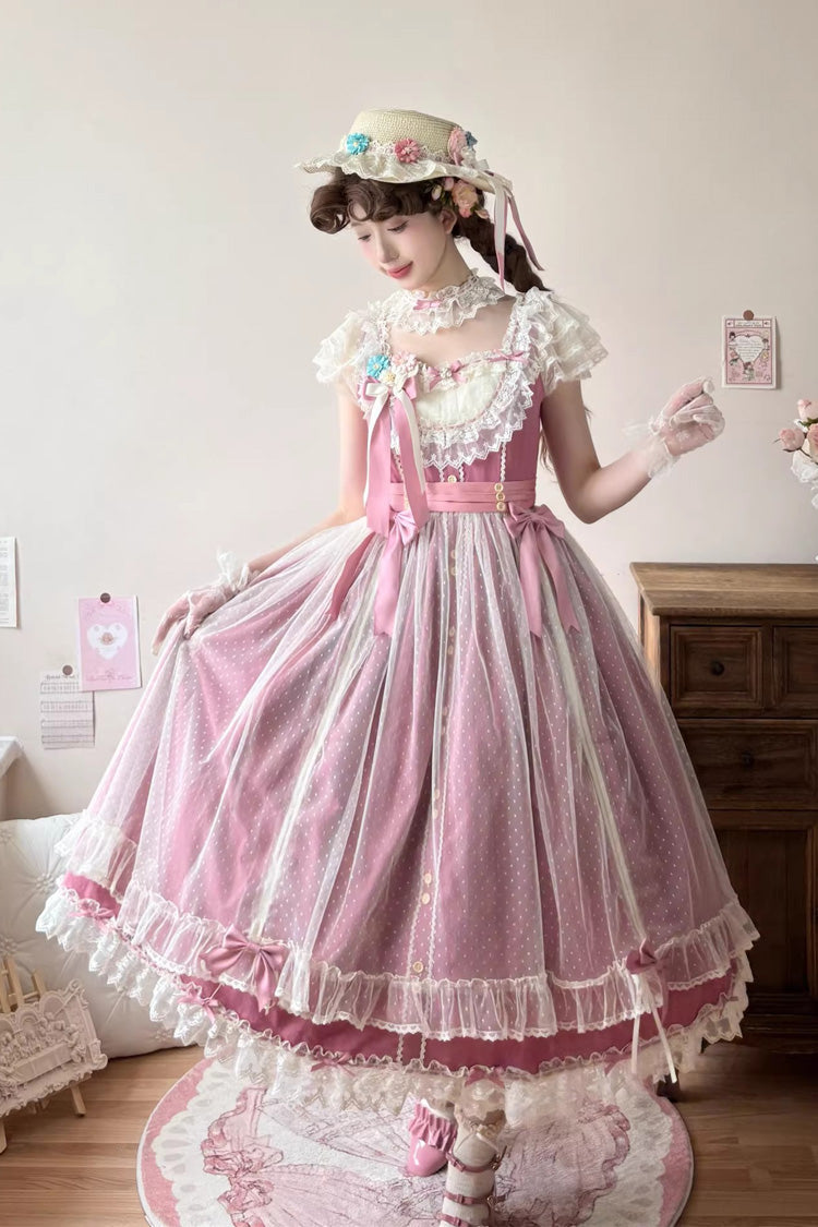 Sweet Lolita JSK - Sakura’s Spring Resonance, Red, Long Version, Long Length, Ruffled - main product image