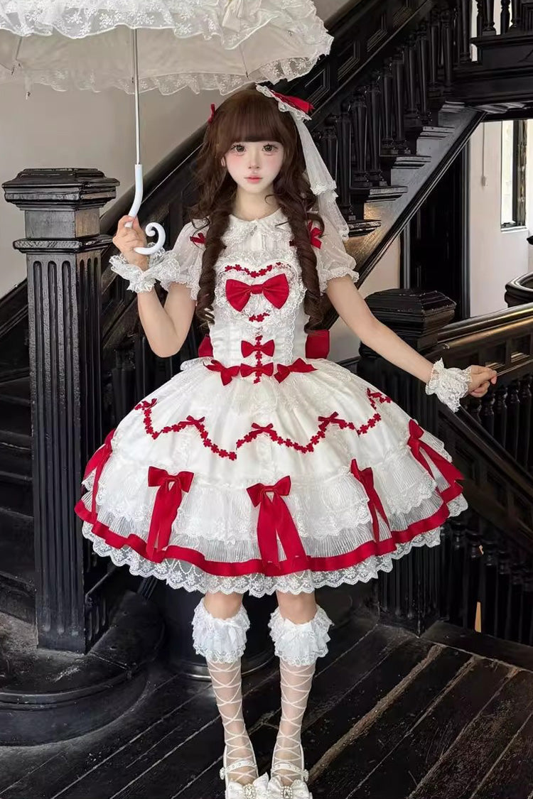 Sweet Lolita JSK - Scarlet Heart Cocoa, 2 Colors, Bow Detail, Lace Trim, Ruffled - additional product view 2