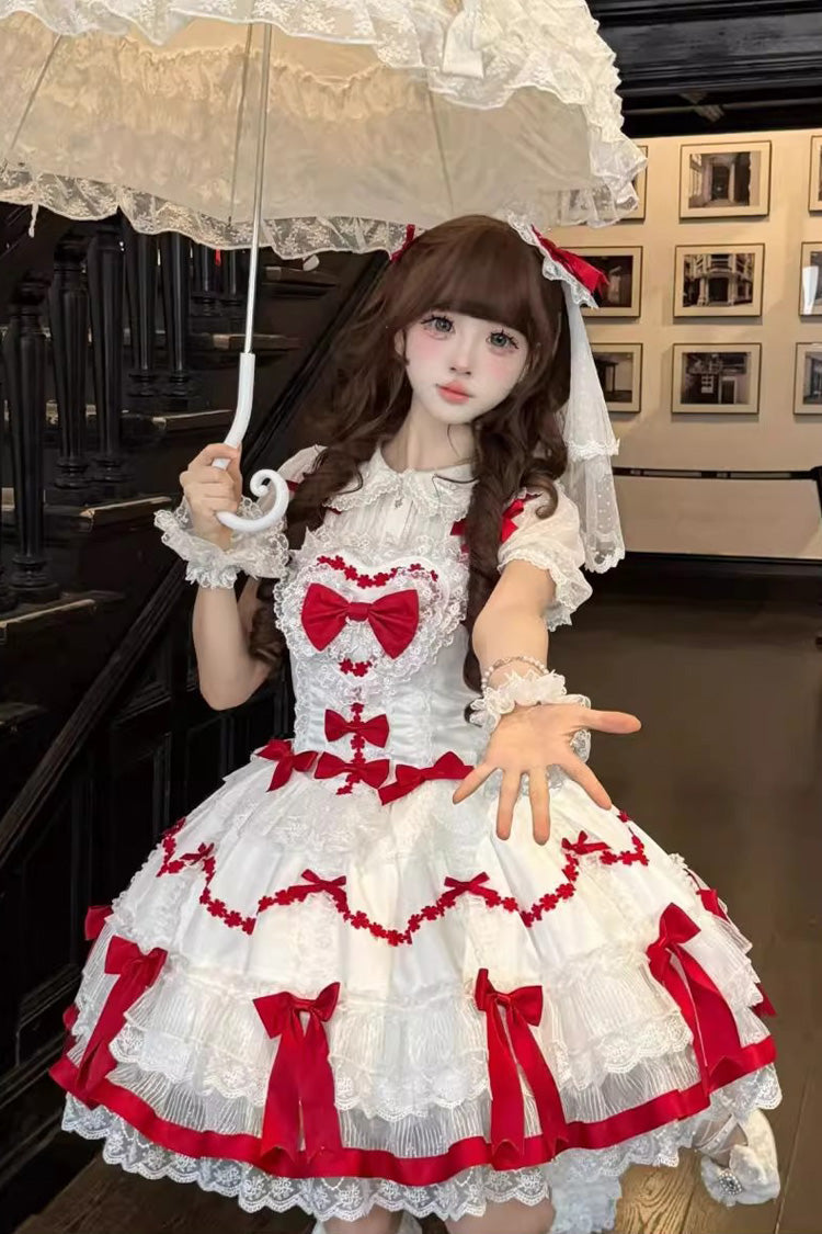 Sweet Lolita JSK - Scarlet Heart Cocoa, 2 Colors, Bow Detail, Lace Trim, Ruffled - additional product view 3