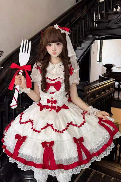 Sweet Lolita JSK - Scarlet Heart Cocoa, 2 Colors, Bow Detail, Lace Trim, Ruffled - additional product view 4