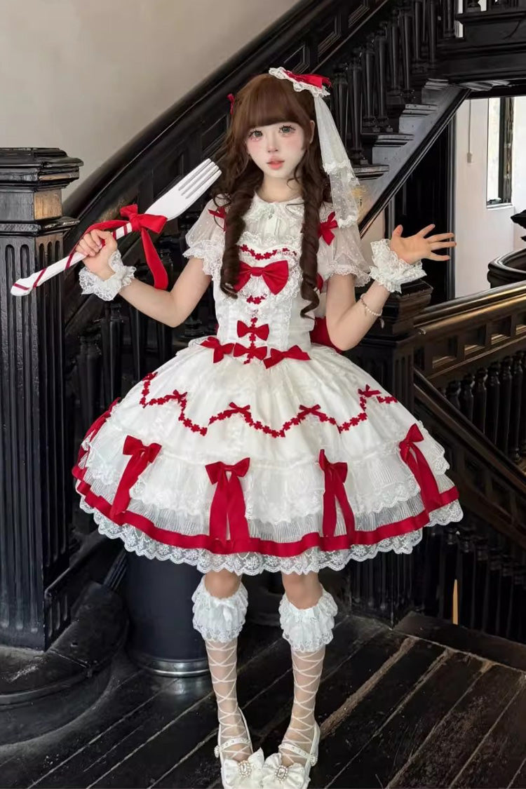 Sweet Lolita JSK - Scarlet Heart Cocoa, 2 Colors, Bow Detail, Lace Trim, Ruffled - main product image