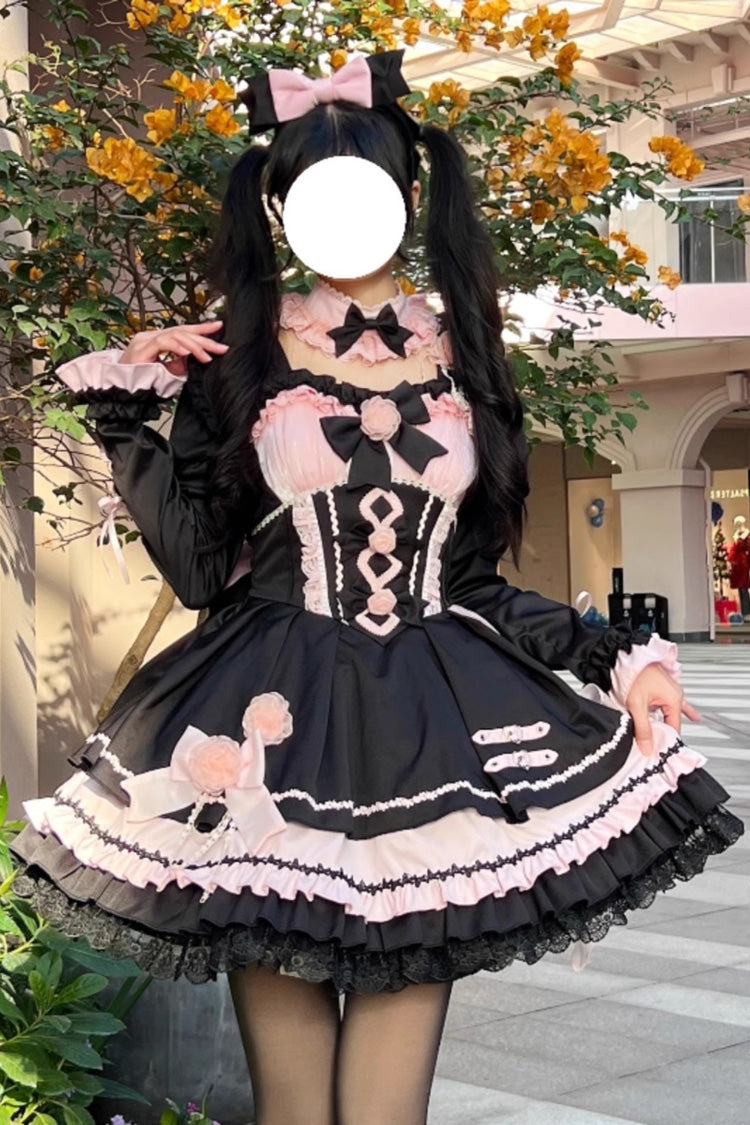 Sweet Lolita JSK - Shadow Rose, 5 Colors, Gothic Style, Bow Detail, Ruffled - S Black/Pink / M Black/Pink / L Black/Pink option