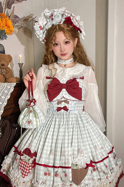 Sweet Lolita JSK - South City Cherry Shop, Blue, Plaid, Printed, Bow Detail - additional product view 2