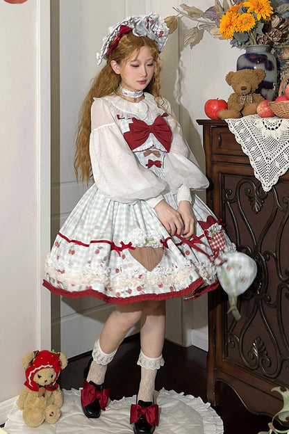 Sweet Lolita JSK - South City Cherry Shop, Blue, Plaid, Printed, Bow Detail - additional product view 4
