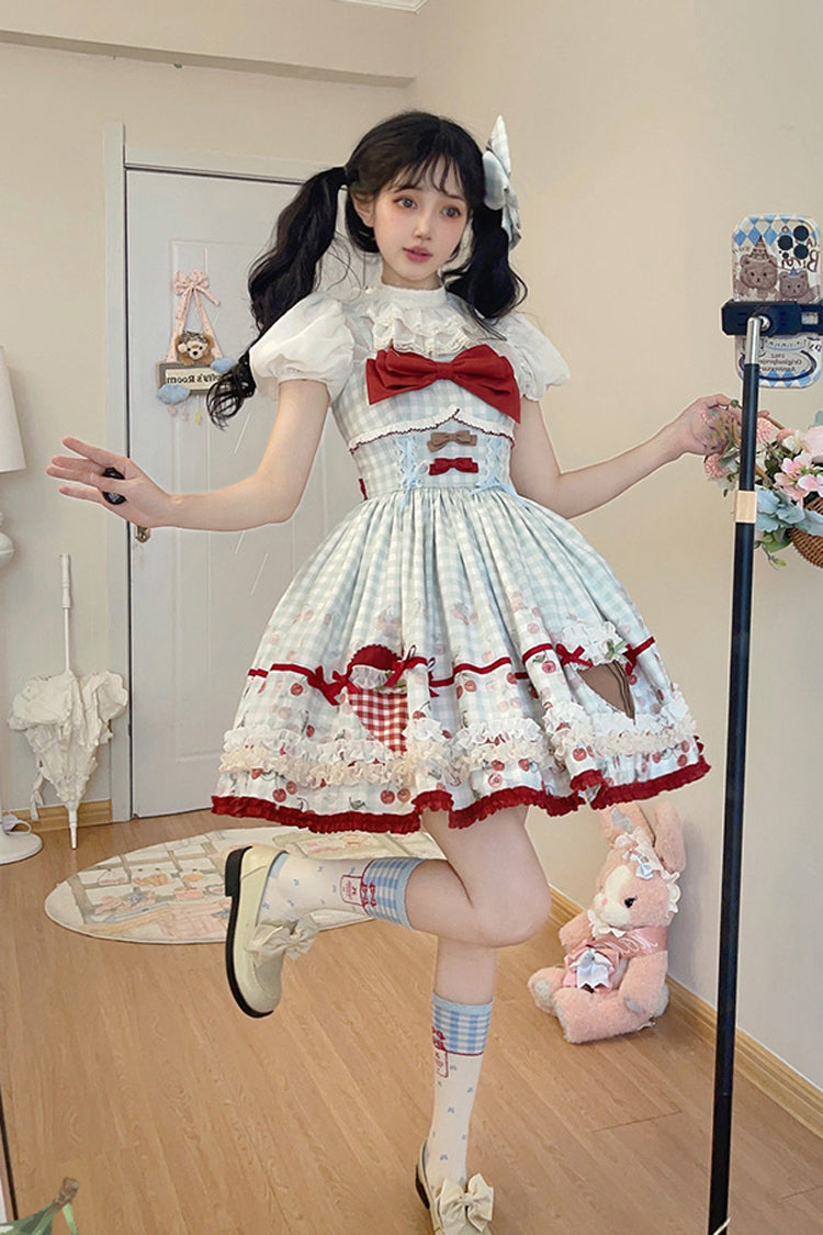 Sweet Lolita JSK - South City Cherry Shop, Blue, Plaid, Printed, Bow Detail - additional product view 5