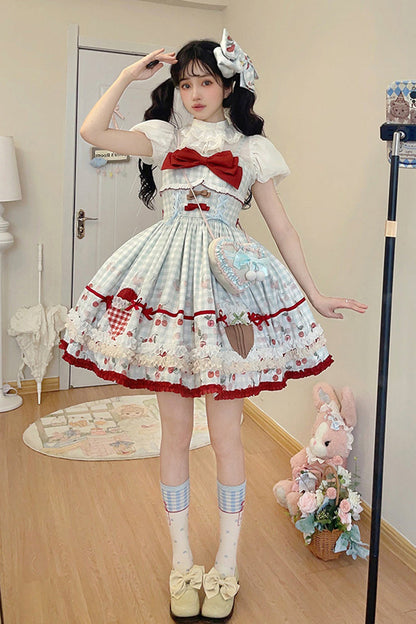 Sweet Lolita JSK - South City Cherry Shop, Blue, Plaid, Printed, Bow Detail - additional product view 7