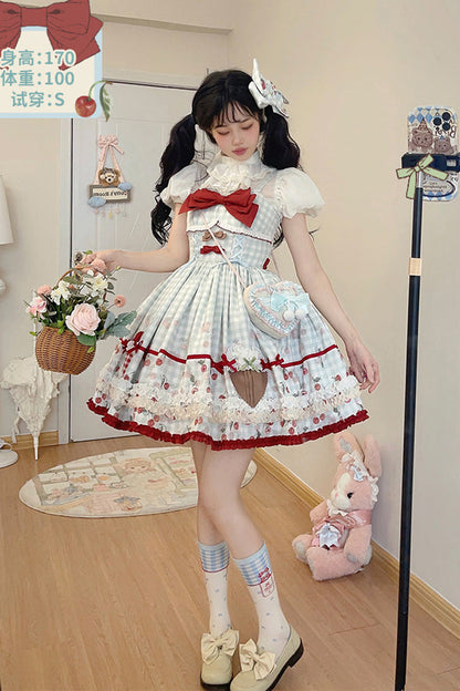 Sweet Lolita JSK - South City Cherry Shop, Blue, Plaid, Printed, Bow Detail - additional product view 8