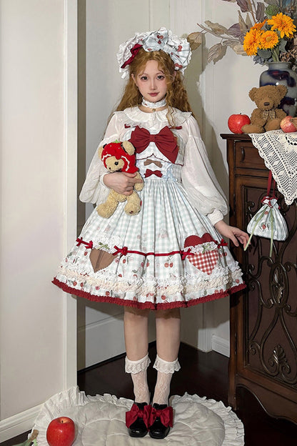 Sweet Lolita JSK - South City Cherry Shop, Blue, Plaid, Printed, Bow Detail - main product image