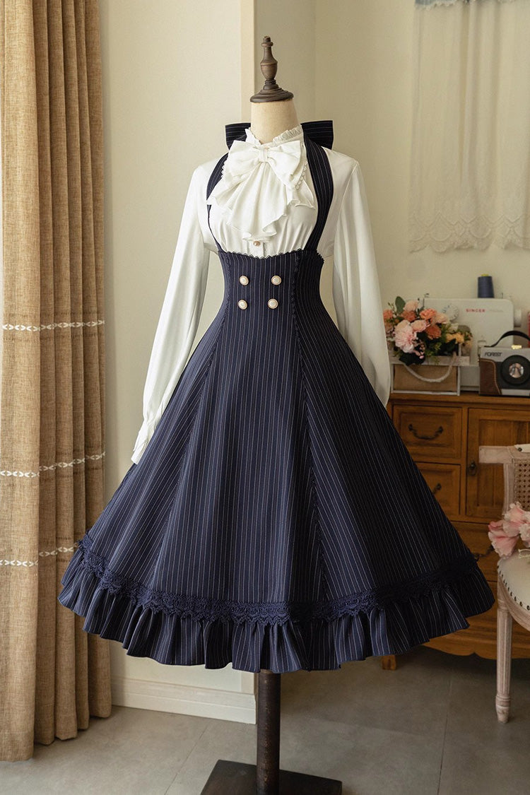 Sweet Lolita JSK - South Of The Forest, 4 Colors, Striped, Ruffled, Printed - S Blue / M Blue / L Blue option