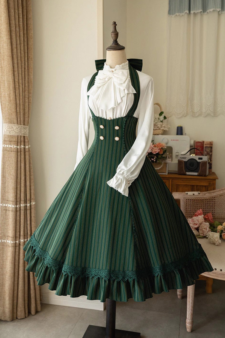 Sweet Lolita JSK - South Of The Forest, 4 Colors, Striped, Ruffled, Printed - S Green / M Green / L Green option