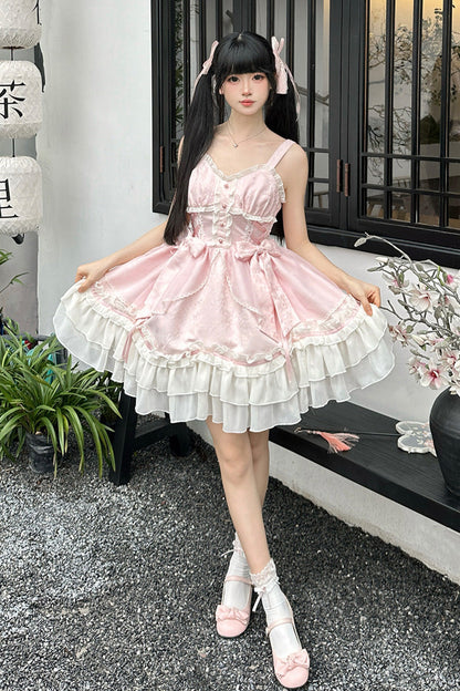Sweet Lolita JSK - Spring Flower Notes, Pink, Layered, Bow Detail, Lace Trim - additional product view 2