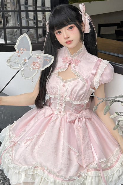 Sweet Lolita JSK - Spring Flower Notes, Pink, Layered, Bow Detail, Lace Trim - additional product view 3