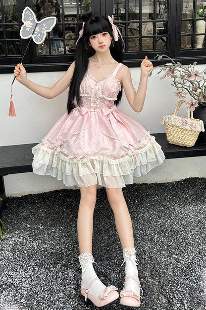 Sweet Lolita JSK - Spring Flower Notes, Pink, Layered, Bow Detail, Lace Trim - additional product view 4