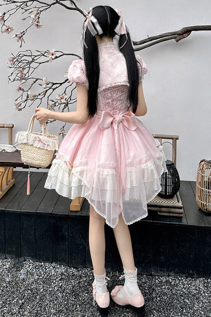 Sweet Lolita JSK - Spring Flower Notes, Pink, Layered, Bow Detail, Lace Trim - additional product view 5