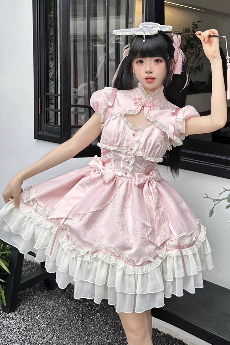 Sweet Lolita JSK - Spring Flower Notes, Pink, Layered, Bow Detail, Lace Trim - additional product view 6
