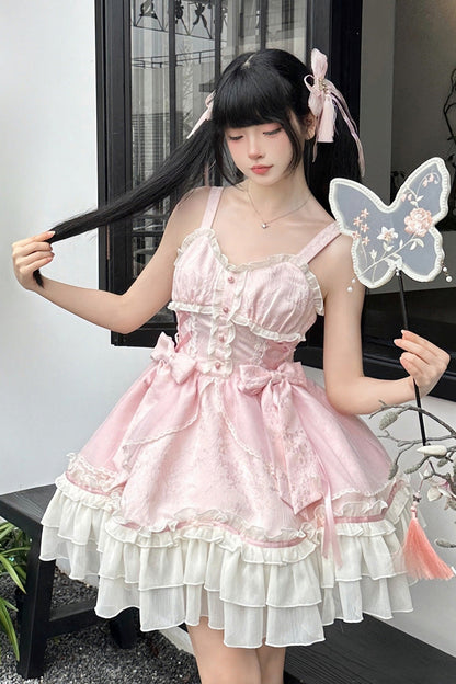 Sweet Lolita JSK - Spring Flower Notes, Pink, Layered, Bow Detail, Lace Trim - additional product view 8