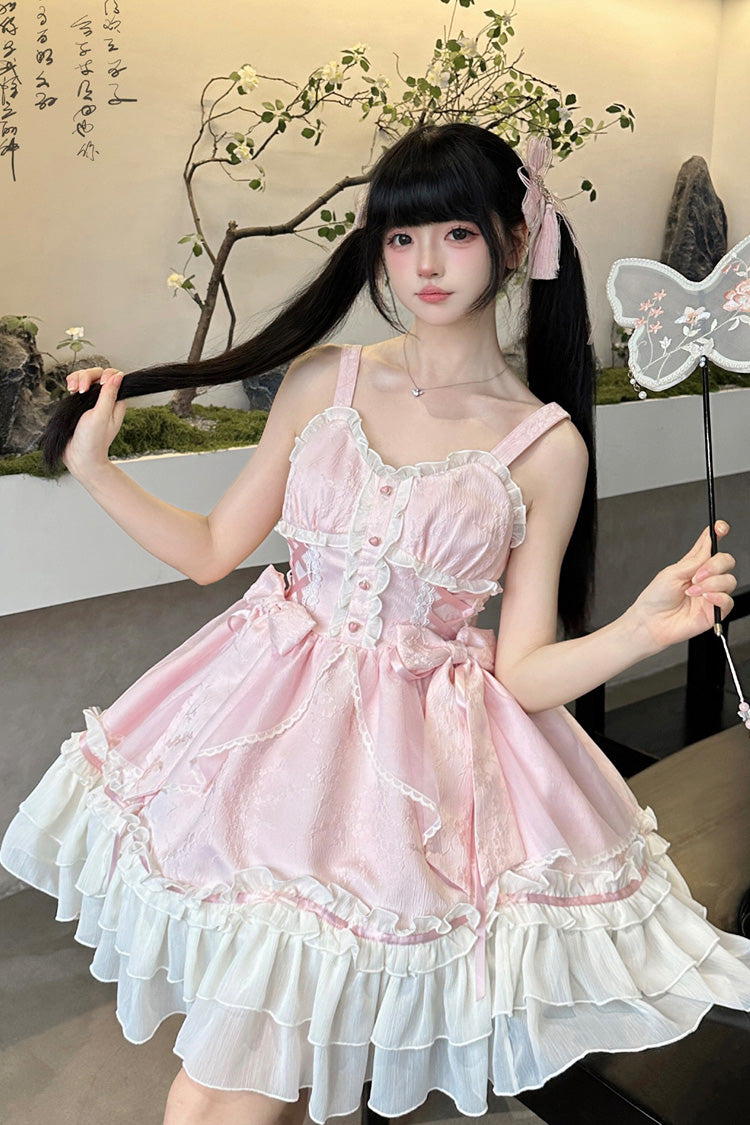 Sweet Lolita JSK - Spring Flower Notes, Pink, Layered, Bow Detail, Lace Trim - main product image