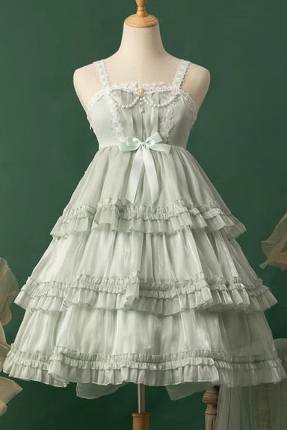 Sweet Lolita JSK - Star Gauze Romance Multi-layer, 2 Colors, Bow Detail, Ruffled - S Green / M Green / L Green option