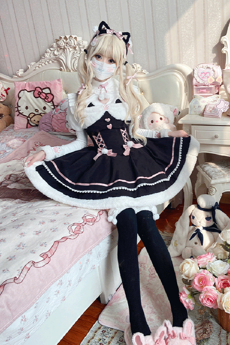 Sweet Lolita JSK - Star Who Meow, 3 Colors, Bow Detail, Layered - S Black / M Black / L Black option