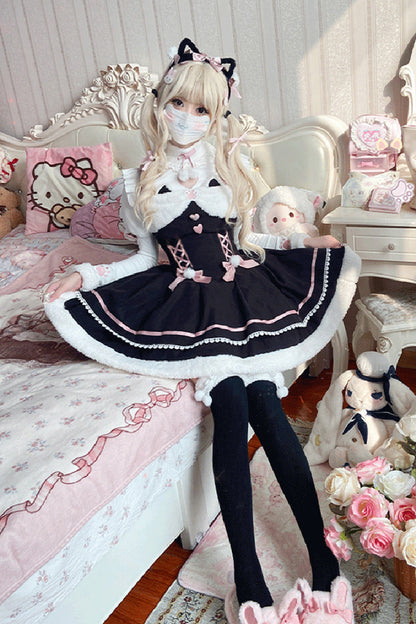 Sweet Lolita JSK - Star Who Meow, 3 Colors, Bow Detail, Layered - S Black / M Black / L Black option