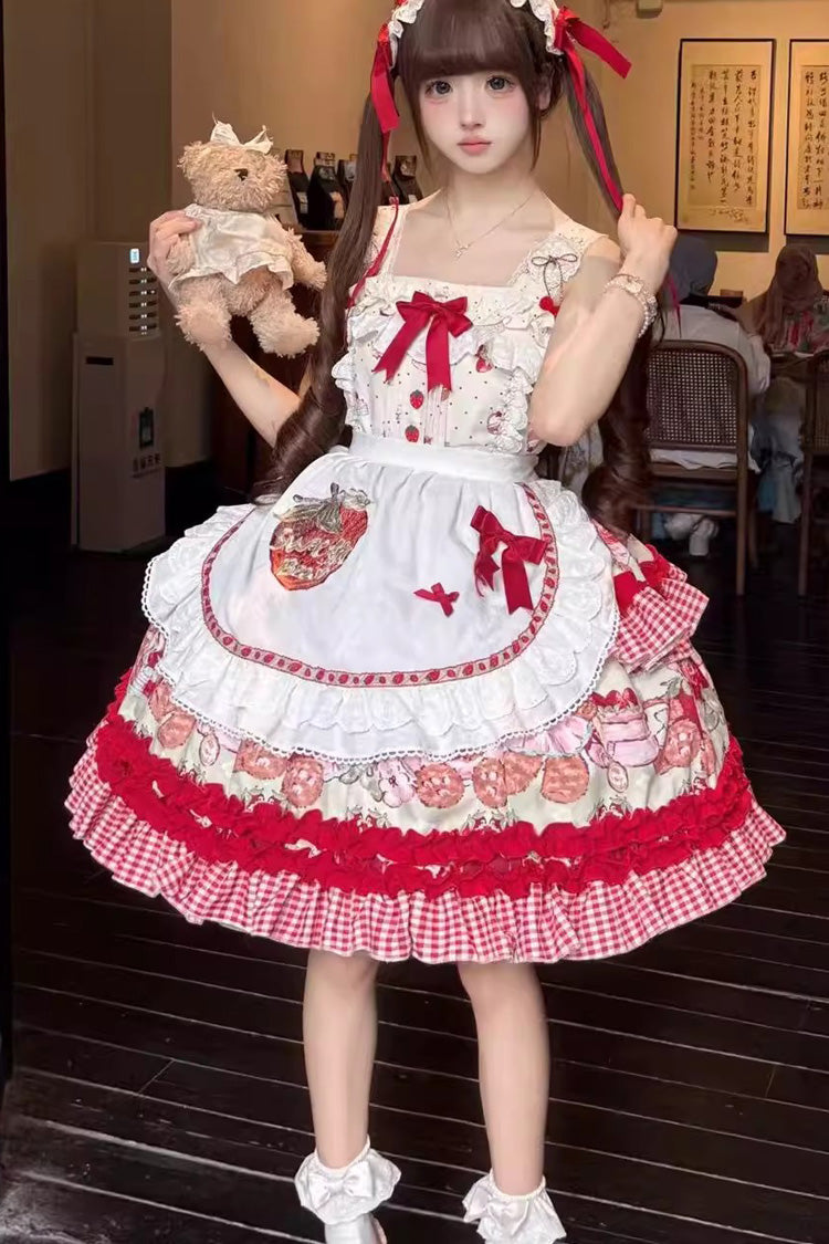 Sweet Lolita JSK - Strawberry Bear, Red, Ruffled, Printed, Layered - additional product view 2