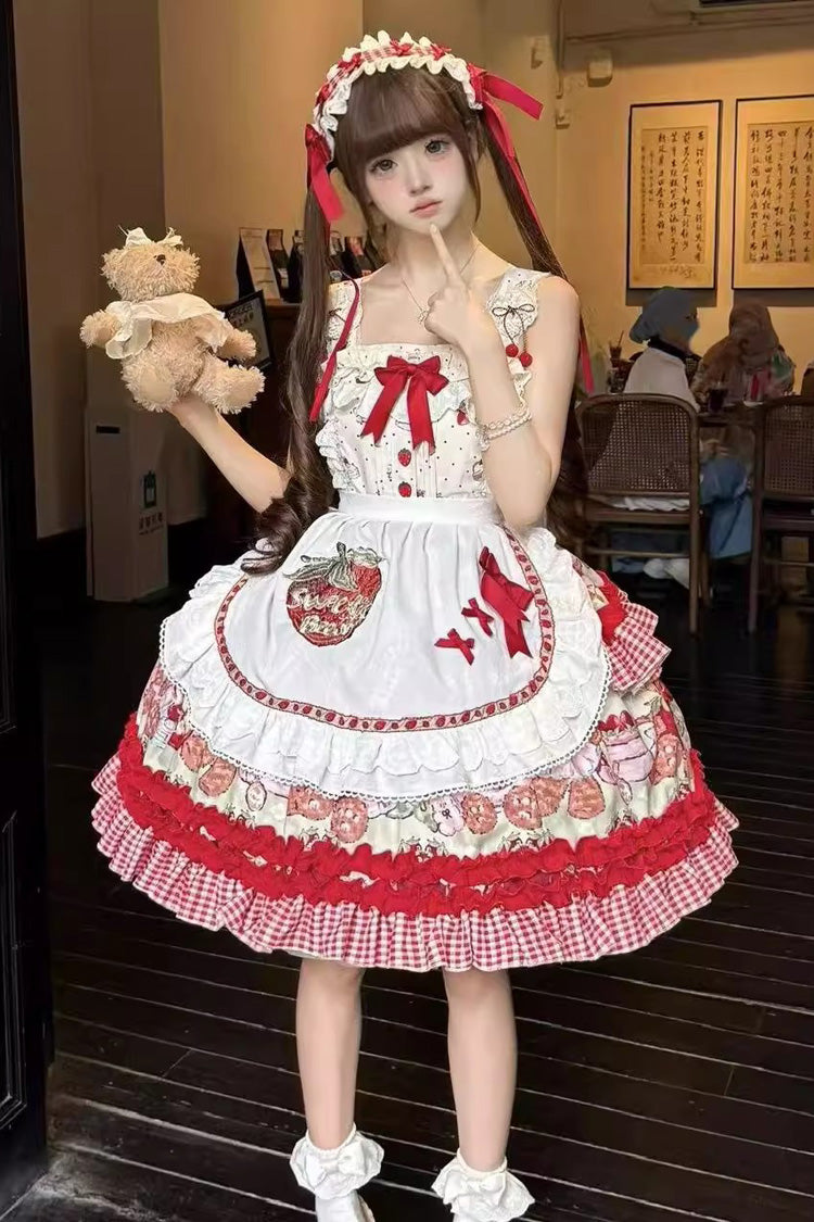 Sweet Lolita JSK - Strawberry Bear, Red, Ruffled, Printed, Layered - additional product view 3