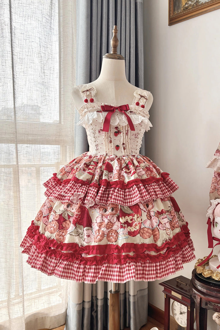 Sweet Lolita JSK - Strawberry Bear, Red, Ruffled, Printed, Layered - additional product view 4