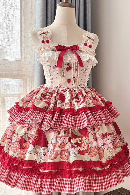 Sweet Lolita JSK - Strawberry Bear, Red, Ruffled, Printed, Layered - additional product view 5