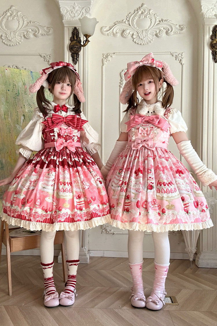 Sweet Lolita JSK - Strawberry Cake, 2 Colors, Ruffled, Printed, Bow Detail - additional product view 2