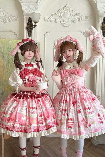 Sweet Lolita JSK - Strawberry Cake, 2 Colors, Ruffled, Printed, Bow Detail - additional product view 3