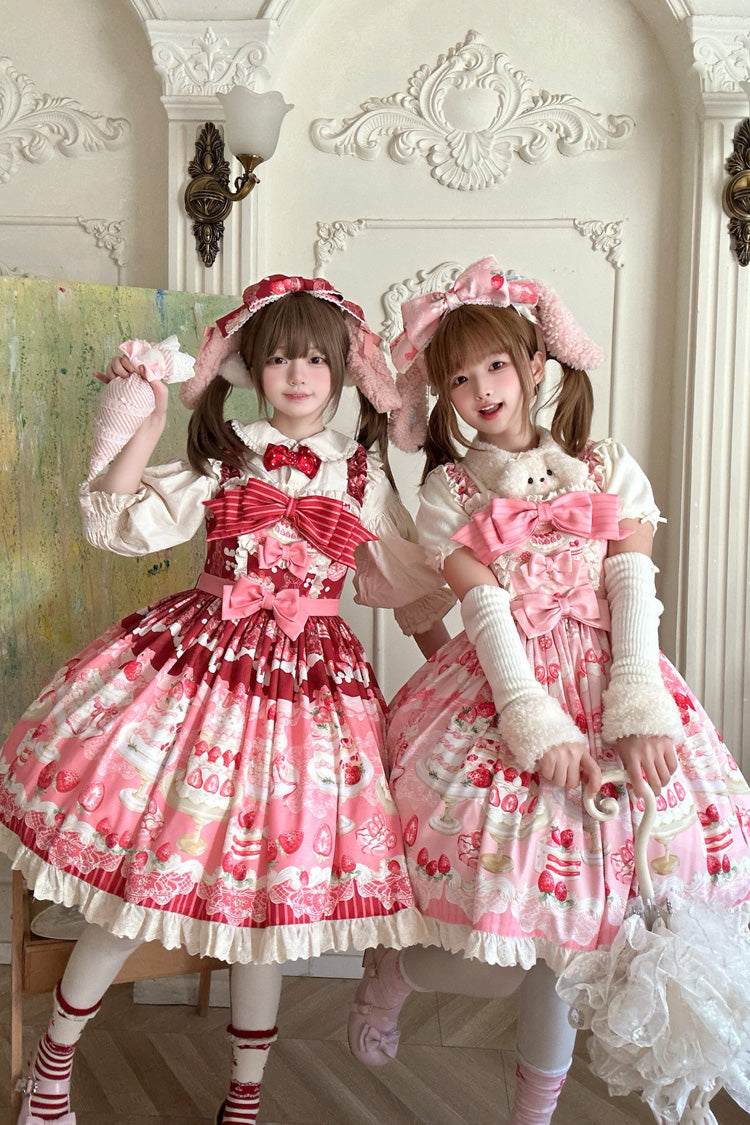 Sweet Lolita JSK - Strawberry Cake, 2 Colors, Ruffled, Printed, Bow Detail - additional product view 4