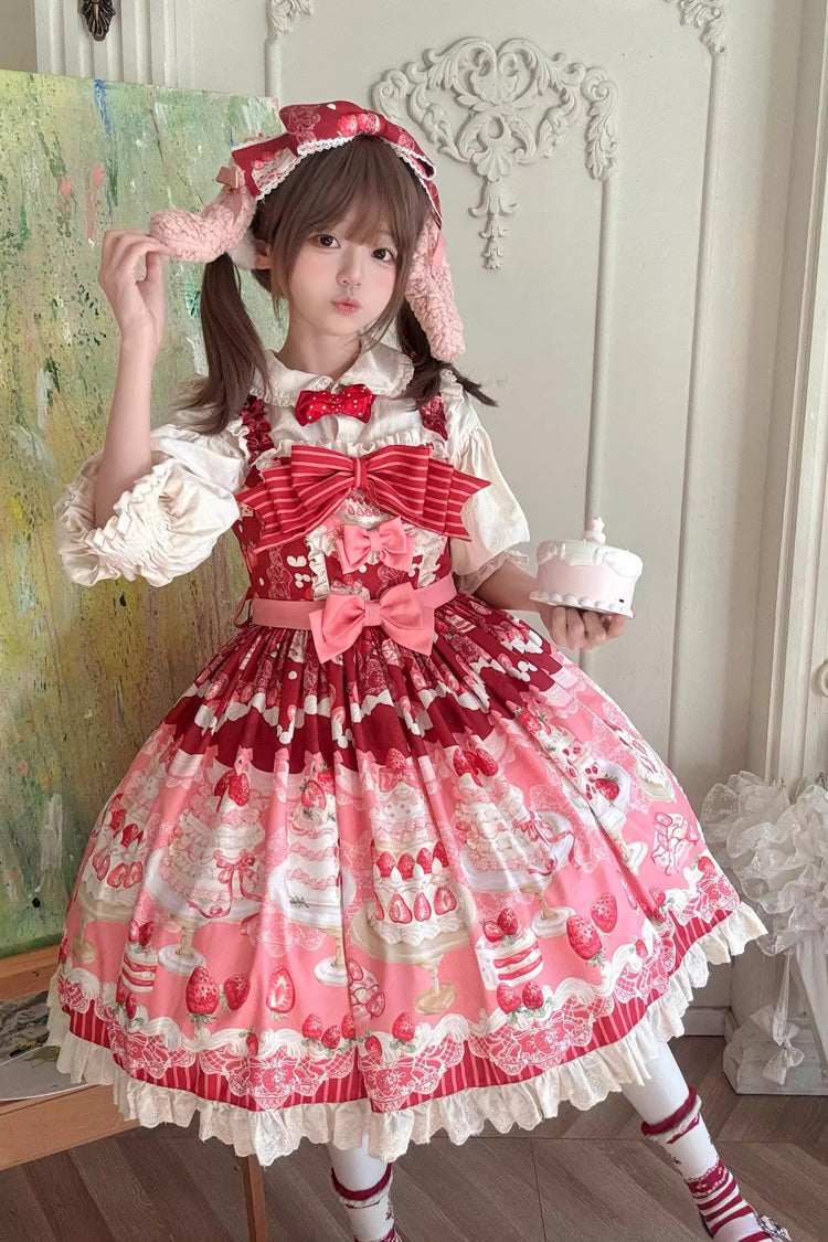 Sweet Lolita JSK - Strawberry Cake, 2 Colors, Ruffled, Printed, Bow Detail - main product image