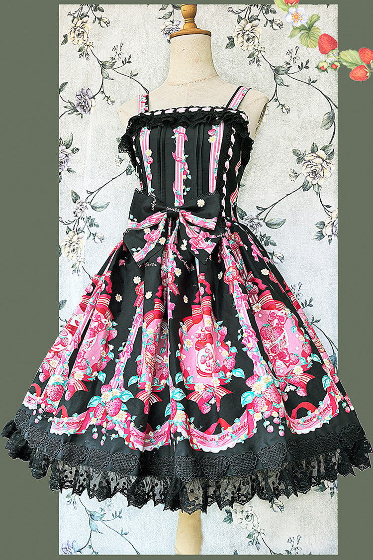 Sweet Lolita JSK - Strawberry Chef, 4 Colors, Printed, Bow Detail, Lace Trim - S Black / M Black / L Black option