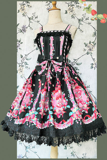 Sweet Lolita JSK - Strawberry Chef, 4 Colors, Printed, Bow Detail, Lace Trim - S Black / M Black / L Black option
