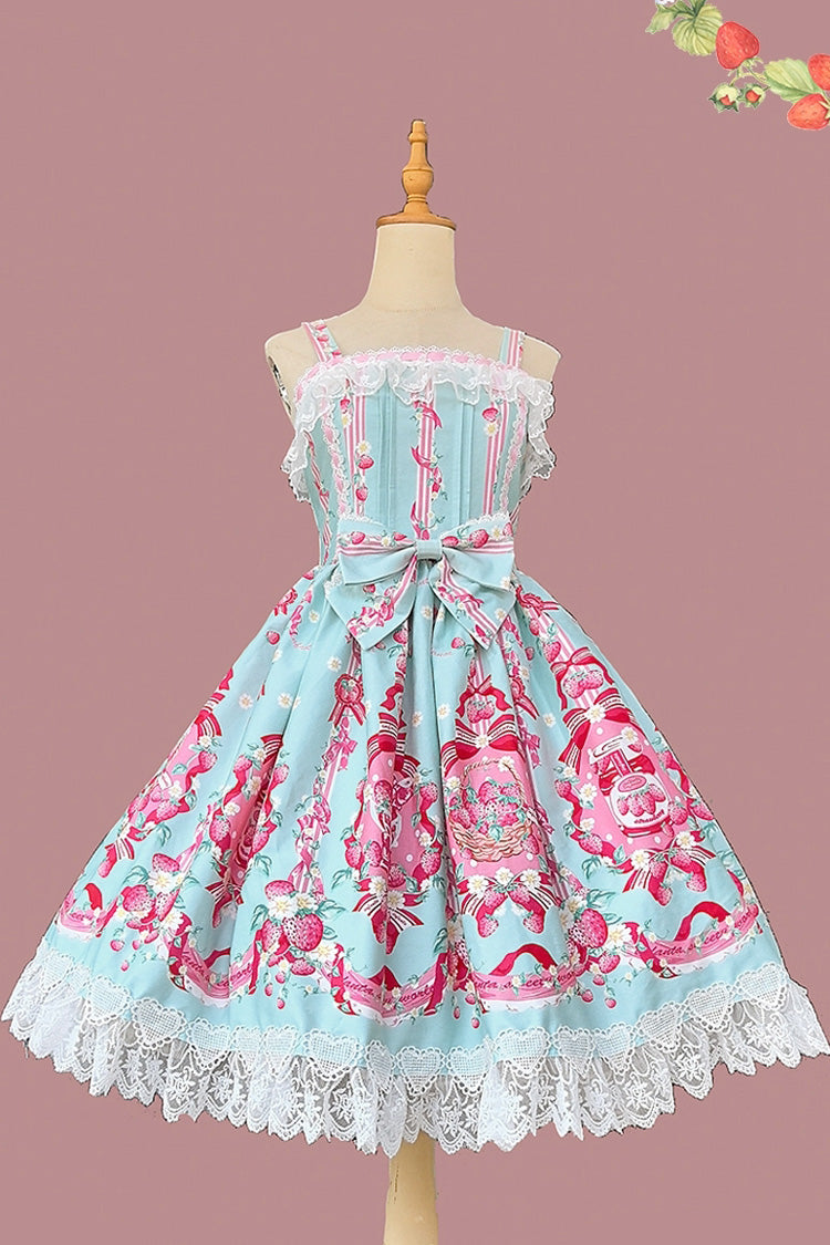 Sweet Lolita JSK - Strawberry Chef, 4 Colors, Printed, Bow Detail, Lace Trim - S Blue / M Blue / L Blue option