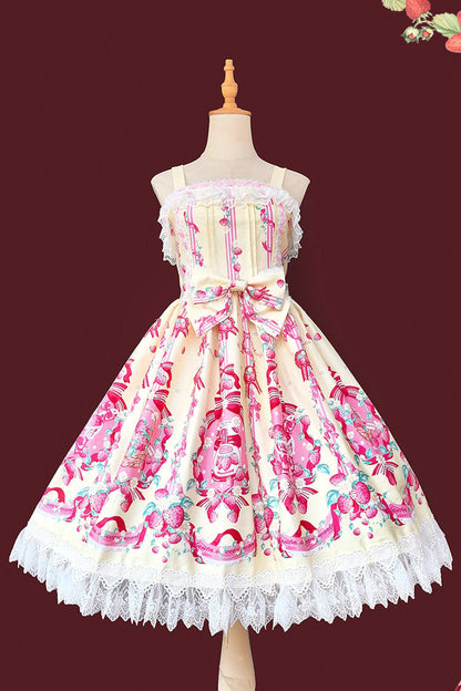 Sweet Lolita JSK - Strawberry Chef, 4 Colors, Printed, Bow Detail, Lace Trim - S Yellow / M Yellow / L Yellow option