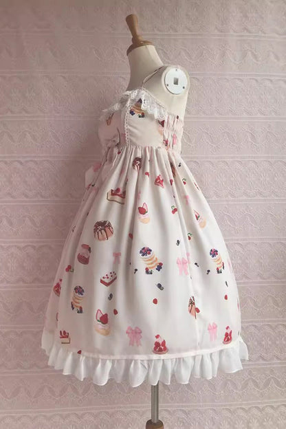 Sweet Lolita JSK - Strawberry Fruit Dessert Print, 5 Colors, Lace Trim, Ruffled, Printed - additional product view 2
