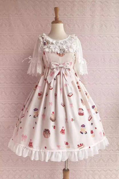 Sweet Lolita JSK - Strawberry Fruit Dessert Print, 5 Colors, Lace Trim, Ruffled, Printed - additional product view 3