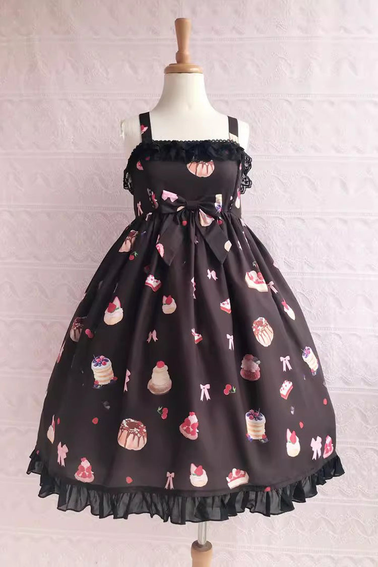 Sweet Lolita JSK - Strawberry Fruit Dessert Print, 5 Colors, Lace Trim, Ruffled, Printed - XS Brown / S Brown / M Brown option