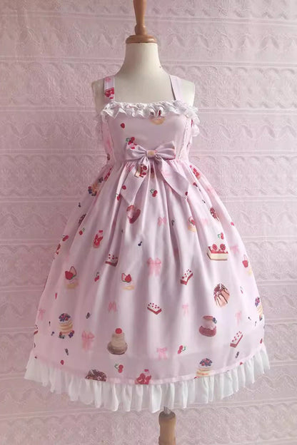 Sweet Lolita JSK - Strawberry Fruit Dessert Print, 5 Colors, Lace Trim, Ruffled, Printed - XS Pink / S Pink / M Pink option