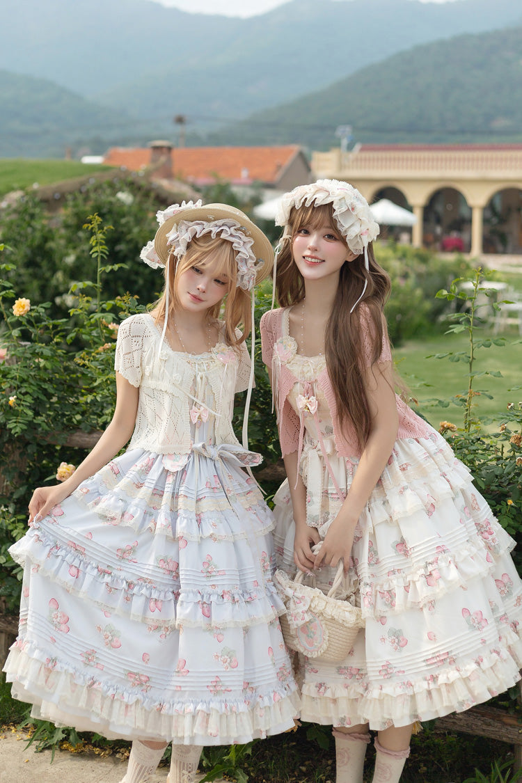 Sweet Lolita JSK - Strawberry Garden, 2 Colors, Ruffled, Printed, Layered - XS Beige / S Beige / M Beige option