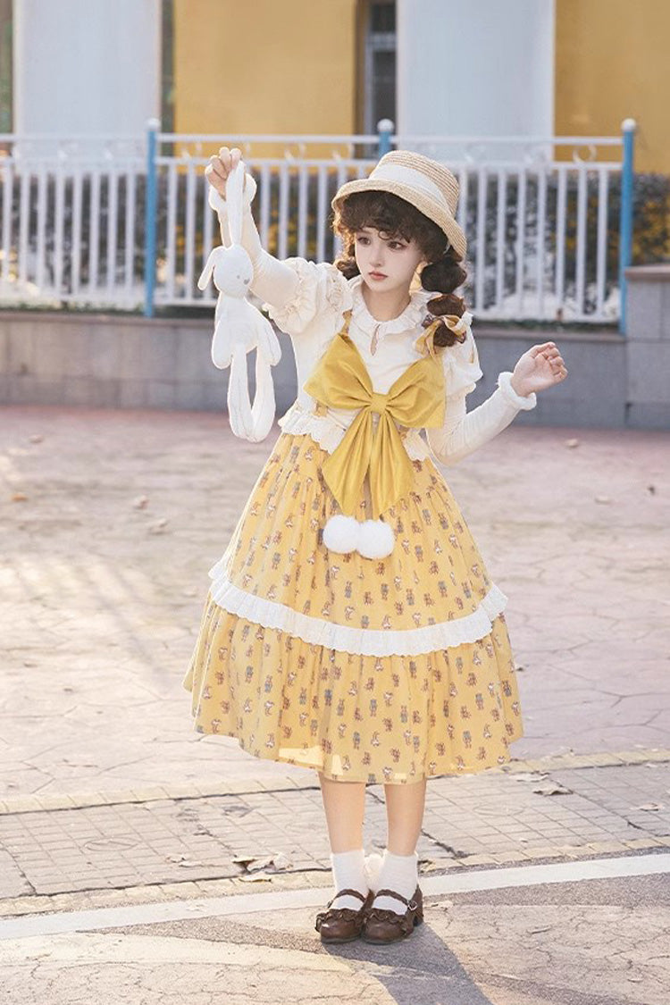 Sweet Lolita JSK - Stuffed Bear Print, Yellow, Printed, Bow Detail - additional product view 3