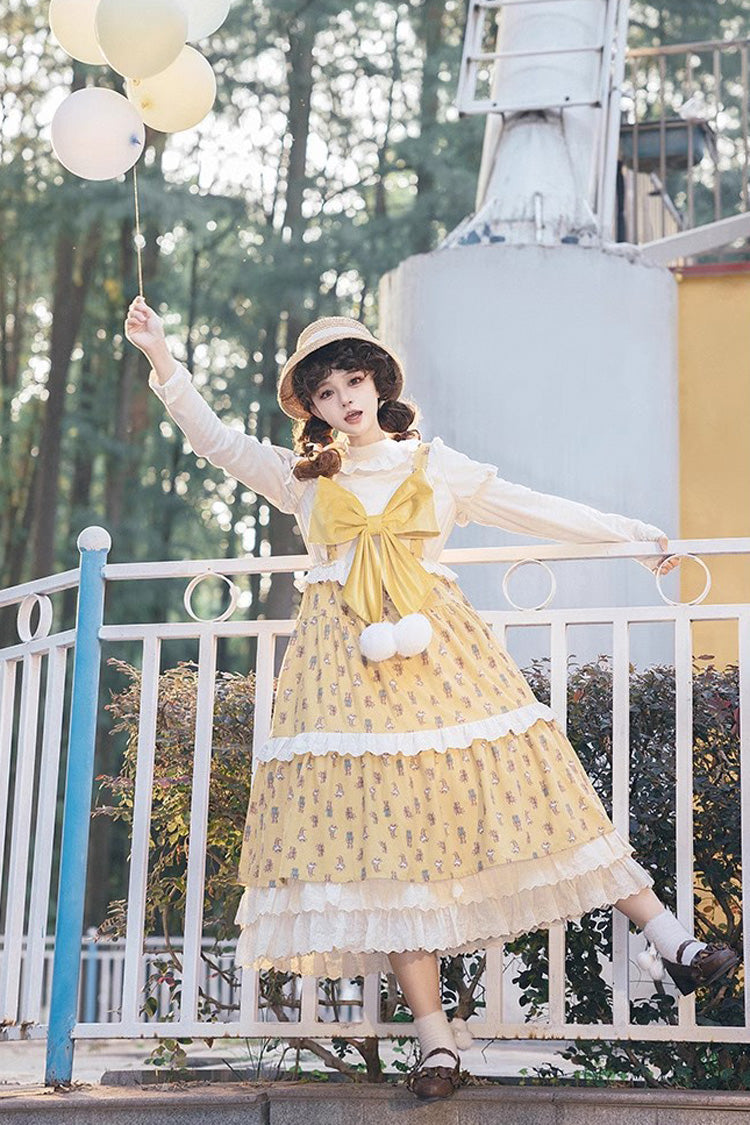 Sweet Lolita JSK - Stuffed Bear Print, Yellow, Printed, Bow Detail - additional product view 5