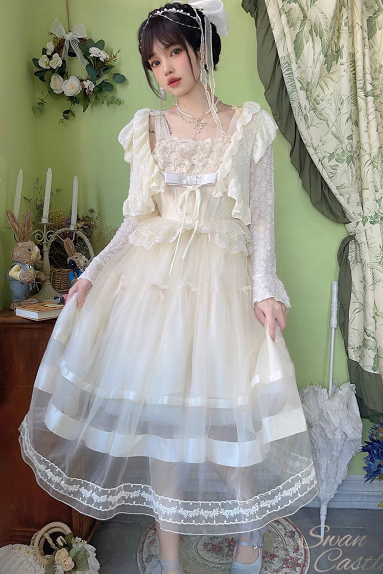 Sweet Lolita JSK - Swan Castle, Ivory, Long Length, Bow Detail, Lace Trim - additional product view 2