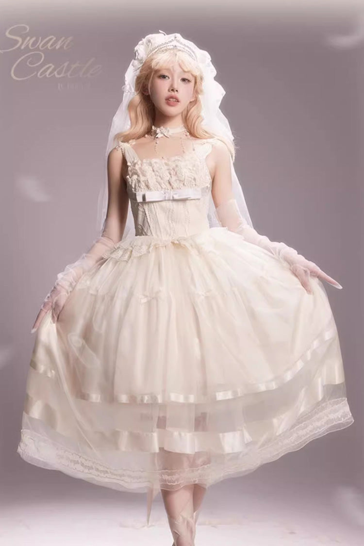 Sweet Lolita JSK - Swan Castle, Ivory, Long Length, Bow Detail, Lace Trim - additional product view 3
