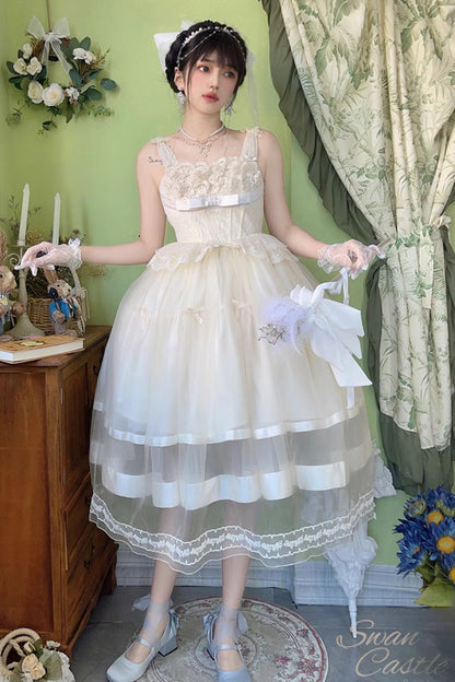 Sweet Lolita JSK - Swan Castle, Ivory, Long Length, Bow Detail, Lace Trim - additional product view 4