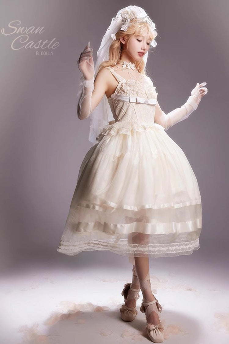Sweet Lolita JSK - Swan Castle, Ivory, Long Length, Bow Detail, Lace Trim - additional product view 5